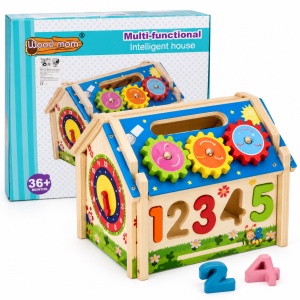 Casuta educativa multifunctionala din lemn, cu puzzle cifre, ceas si roti dintate, 36+ luni - Img 3