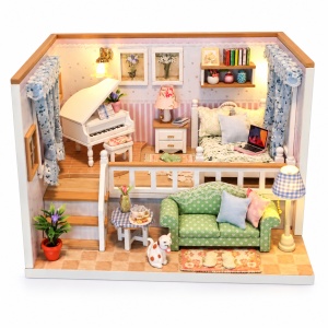 Casuta miniaturala DIY cu doua niveluri, mobilier, pian, dormitor si iluminare LED - Img 4