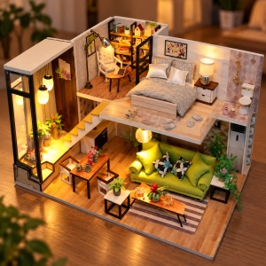 Casuta miniaturala DIY, locuinta moderna pe doua niveluri, mobilier si iluminare LED - Img 2