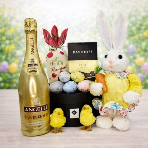 Cos cadou Paste Bunny Gold cu Angelli Cuvee Gold, cafea Davidoff si praline Heidi