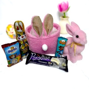 Cos de Paste pentru copii Bunny Joy cu iepuras decorativ roz si selectie dulciuri - Img 2