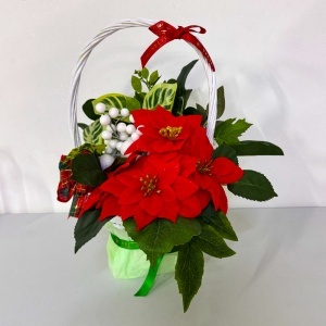 Cos floral Craciunita cu licheni naturali stabilizati, flori artizanale si ornamente de iarna, Rosu-Verde - Img 2