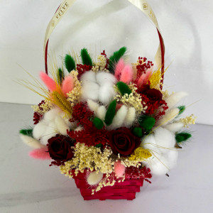Cosulet aniversar Floral Collection, cu imortele naturale, trandafiri si broom criogenat, lagurus, spice de grau si flori naturale de bumbac, decorat cu funda crem, satinata 3