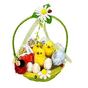 Decoratiune pentru Paste, in cos, cu Kinder Joy, trei puisori si oua 