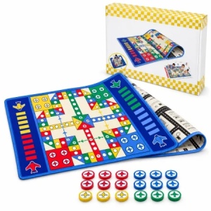 Covor de joaca reversibil 2 in 1, joc Ludo si traseu auto, 180 x 120 cm, 16 pioni, multicolor - Img 5