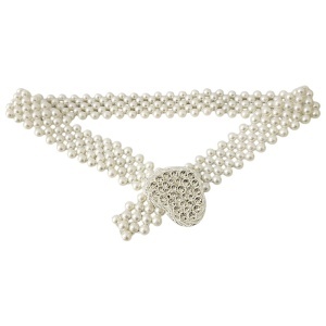 Curea dama, eleganta, din perle albe, Pearl Garden, accesoriu talie elastic ivory cu catarama cristale inima