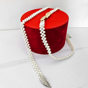 Curea elastica Pearly, catarama metalica decorativa si perle, Silver Leaf 2