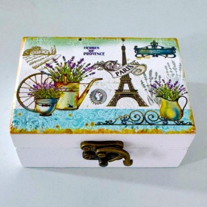 Cutie din lemn cu oglinda, pentru bijuterii si accesorii, model floral, Paris, 9x6x4, Alb crem