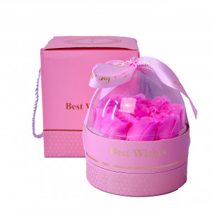 Set elegant din 2 piese, cu trandafiri de sapun in cupola si accesoriu, in cutie cadou, roz
