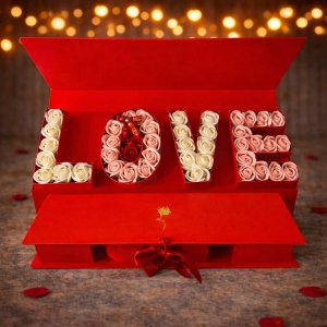 Cutie florala Luxury Breeze cu trandafiri din sapun, legare cu panglica satinata si text "LOVE", Rosu - Img 2