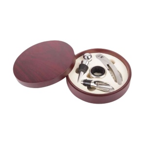 Cutie rotunda eleganta cu 4 accesorii pentru desfacerea sticlei cu vin, din lemn maro