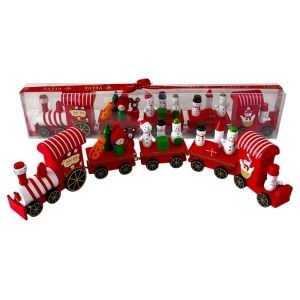 Decoratiune de Craciun din lemn, trenulet cu personaje festive, Rosu, 39 cm