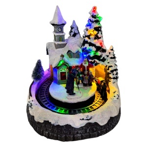 Decoratiune de Craciun, ''Sat luminos in Ajun de Craciun", cu tren in miscare, luminite si colinde, 20 cm