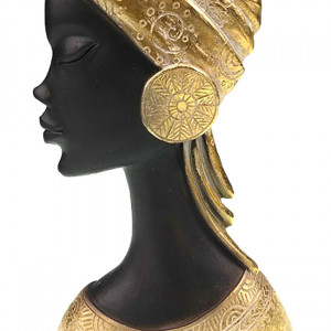 Decoratiune din rasina Moyoko Africa, bust feminin cu esarfa si cercei supradimensionati, 24x12cm, Auriu 2