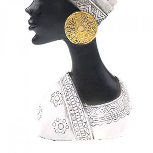 Decoratiune din rasina Moyoko Africa, bust feminin cu turban si cercei supradimensionati, 28x14cm, Argintiu 2