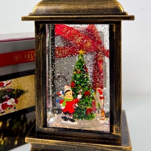 Decoratiune muzicala si luminoasa, Felinar Vintage, cu lumini calde, zapada si personaje in miscare, USB inclus, 24x10 cm - Img 5