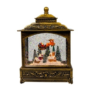 Decoratiune muzicala si luminoasa, Felinar Vintage, cu Mos Craciun si sania trasa de reni, lumini calde si zapada in miscare, USB inclus, 20x14 cm