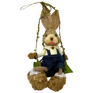 Decoratiune pentru Paste, iepuras pe leagan, din paie si textil, 35 cm - Img 2