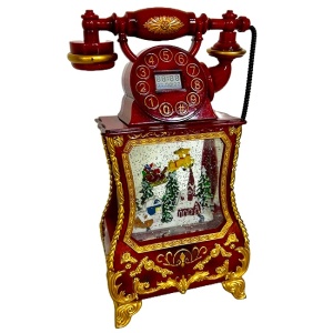 Decoratiune premium Nostalgic Phone, cu functii muzicale, lumina LED si zapada in miscare, Sania Mosului trasa de reni, Rosu Bordo 32X17X8 cm - Img 6