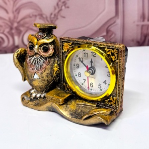Decoratiune vintage, ceas de masa cu bufnita, carte si suport tip papirus, 10x8cm - Img 2