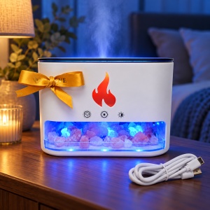 Difuzor de aromaterapie cu efect de flacara, cristale de sare si iluminare LED in 4 culori, Alb - Img 2