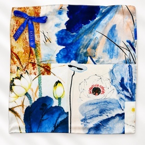 Esarfa premium dama cu imprimeu floral abstract, 70 x 70 cm, Albastru - Img 2