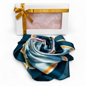 Esarfa premium dama cu imprimeu floral maxi, 70 x 70 cm, Albastru petrol - Img 4
