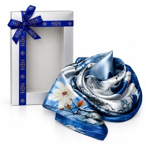 Esarfa premium dama cu motive din natura si flori albe, 70 x 70 cm, Albastru - Img 6