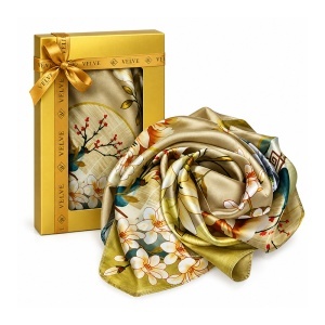 Esarfa premium dama cu motive florale, 70 x 70 cm, Bej auriu