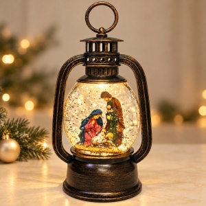 Felinar decorativ de Craciun cu LED si muzica, Nasterea Domnului, 16x10 cm, Bronz antichizat