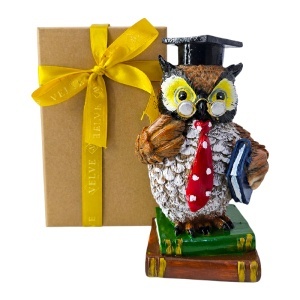 Figurina din rasina Bufnita absolvent cu carte, simbol intelepciune, 16 cm