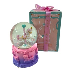 Glob muzical din sticla cu unicorn, suport din rasina si iluminare decorativa, Roz - Img 5