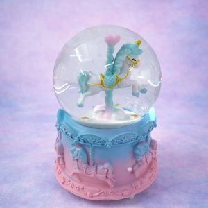 Glob muzical din sticla cu unicorn, suport din rasina si iluminare decorativa, Turcoaz - Img 2