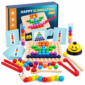 Joc educativ 3 in 1 din lemn, cu bile colorate, carduri, pensete, clopotel si omida articulata, 3+ ani - Img 3