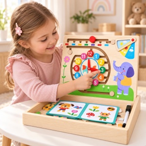 Joc educativ multifunctional din lemn, cu ceas, calendar, vreme, puzzle si cartonase - Img 2