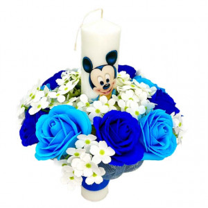 Lumanare de botez cu Mickey Mouse si flori de sapun, baiat