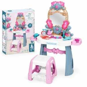 Masuta de toaleta pentru copii, cu oglinda, scaunel si 33 de accesorii, Roz/Albastru - Img 3