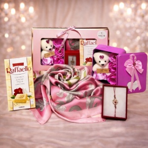 Pachet Amor, cutie metalica cu 3 trandafiri din sapun si ursulet, esarfa dama, bratara, praline Raffaello 90gr, Roz