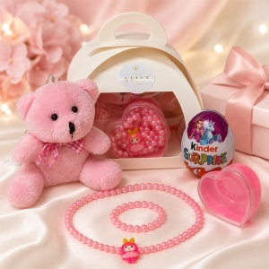 Pachet cadou fetite cu ursulet de plus, set de bijuterii in cutie si ou ciocolata Kinder Surprise, Roz