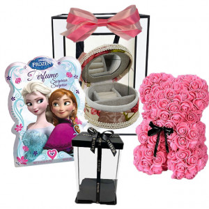 Pachet cadou pentru fete Childes, ursulet din spuma, cutiuta pentru bijuterii, Set Disney Frozen, Eau de Toilette 9,5 ml, Tatoo si Semn de carte