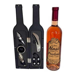 Pachet cadou pentru Nasi, caseta cu 5 accesorii pentru vin, aranjament floral cu 9 trandafiri si o sticla de vin rose de 750 ml cu mesaj personalizat , Verde - Img 6