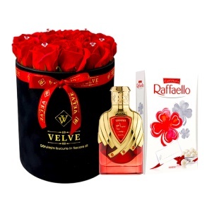 Pachet Crystal Beauty, cu aranjament floral, parfum arabesc Extrait de parfum Samah Ruby, Riiffs, Unisex 100 ml, praline Raffaello 80g, Rosu