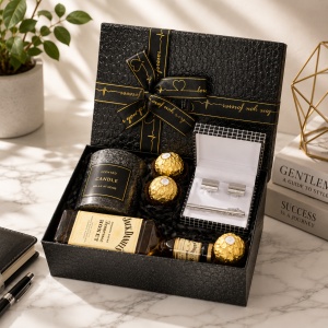 Pachet GiftDay pentru barbati, o sticla de Jack Daniel's Honey 200ml, cutiuta cu butoni si ac pentru cravata, Lumanare si 3 Praline Ferrero, in cutie neagra, 21x14x9 cm
