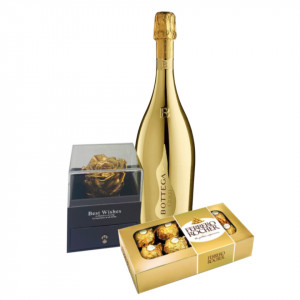 Pachet Glamour, cutie tip sertar trandafir criogenat auriu, Prosecco Bottega Gold, praline Ferrero Rocher