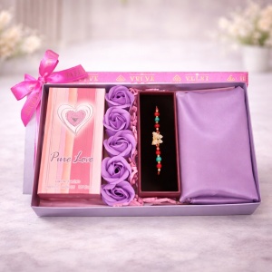 Pachet Lady, parfum arabesc, apa de parfum Pure Love femei 50 ml, trandafiri din sapun, esarfa dama, bratara cu snur, Lila