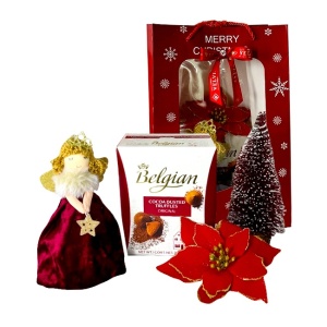 Pachet Merry Christmas, cu praline Belgian, brad decorativ, ornament ingeras si craciunita, ambalate in punga cu imprimeu de iarna