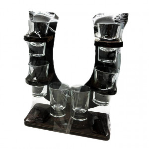 Set, suport din lemn in forma de U pentru bautura traditionala cu 6 pahare
