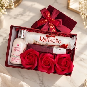 Pachet pentru femei cu lotiune de corp Molton Brown 100 ml, ruj mat USHAS, Raffaello si 3 trandafiri de sapun rosii - Img 4