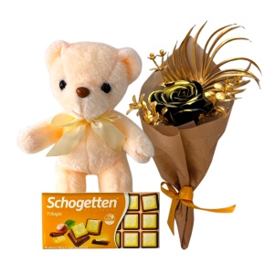 Pachet pentru indragostiti, A Drop of Love, ursulet de plus 21 cm, buchet floral cu un trandafir de sapun si plante artizanale, ciocolata Schogetten 100gr, ambalate in cutie deosebita, Galben - Img 2