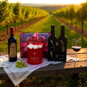 Pachet pentru Nasi, caseta cu 5 accesorii pentru vin, aranjament floral cu 9 trandafiri si o sticla de vin rose de 750 ml cu mesajul "Pentru cei mai buni nasi", Rosu - Img 2
